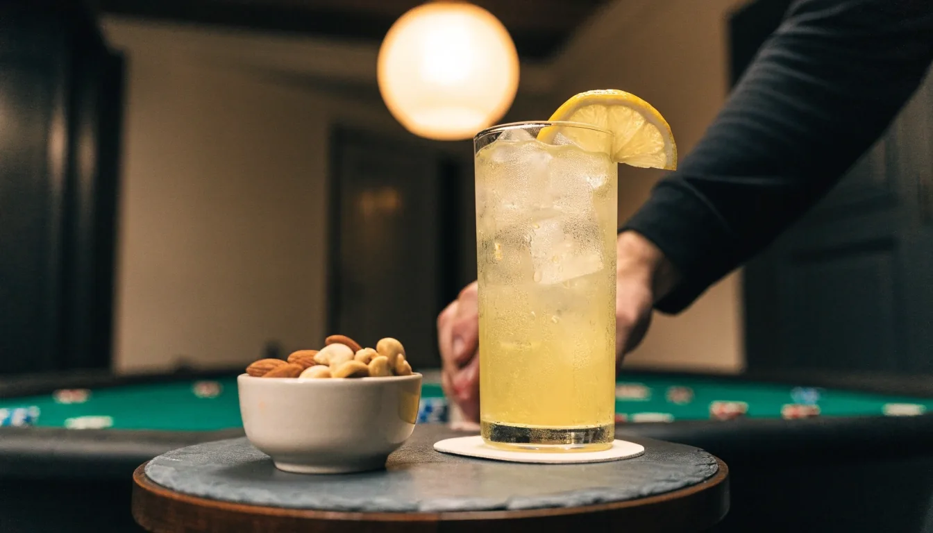 Barový pult lounge kavárny v podvečeru, za ním tmavší herna
