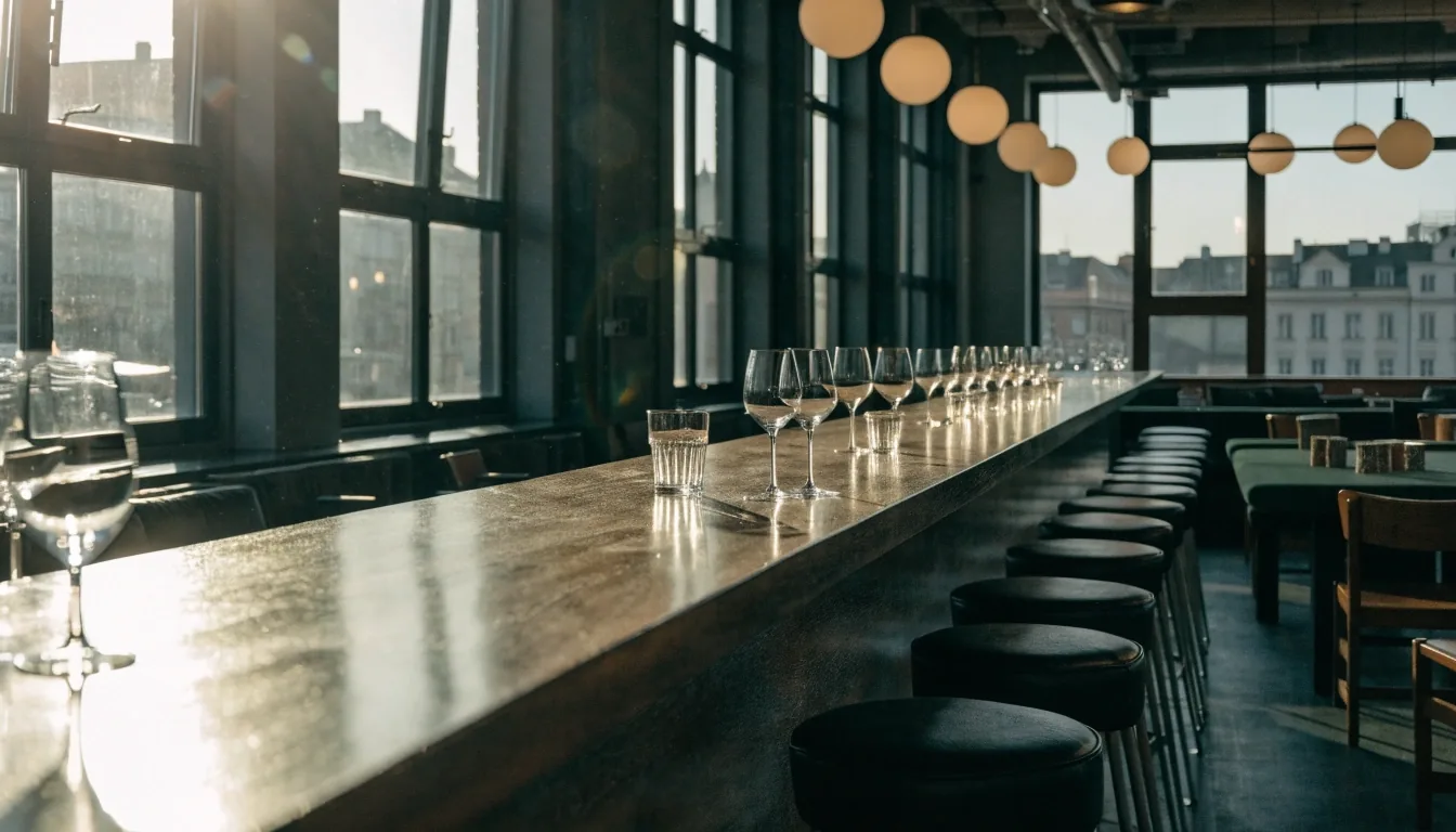Bar Polního Pavilonu v podvečerním světle z ulice