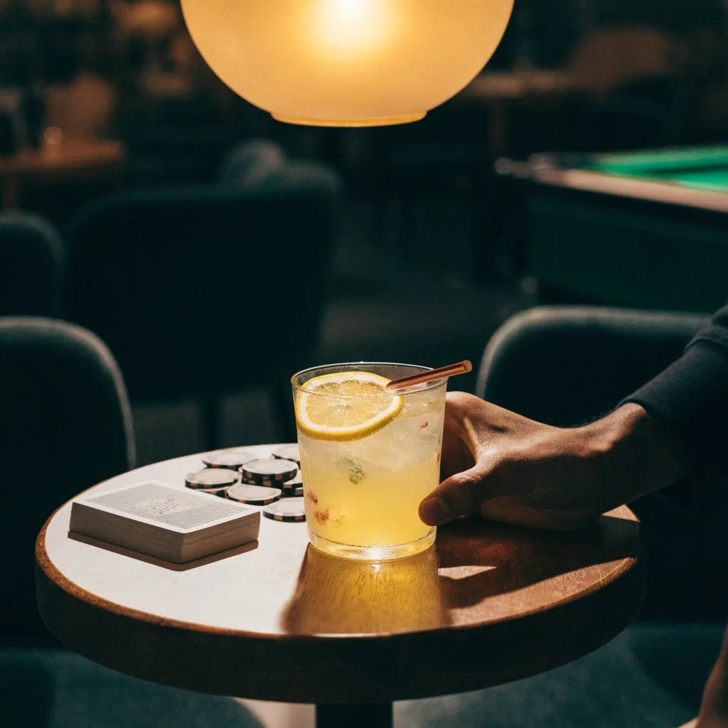 Káva na malém stole v lounge části Polního Pavilonu