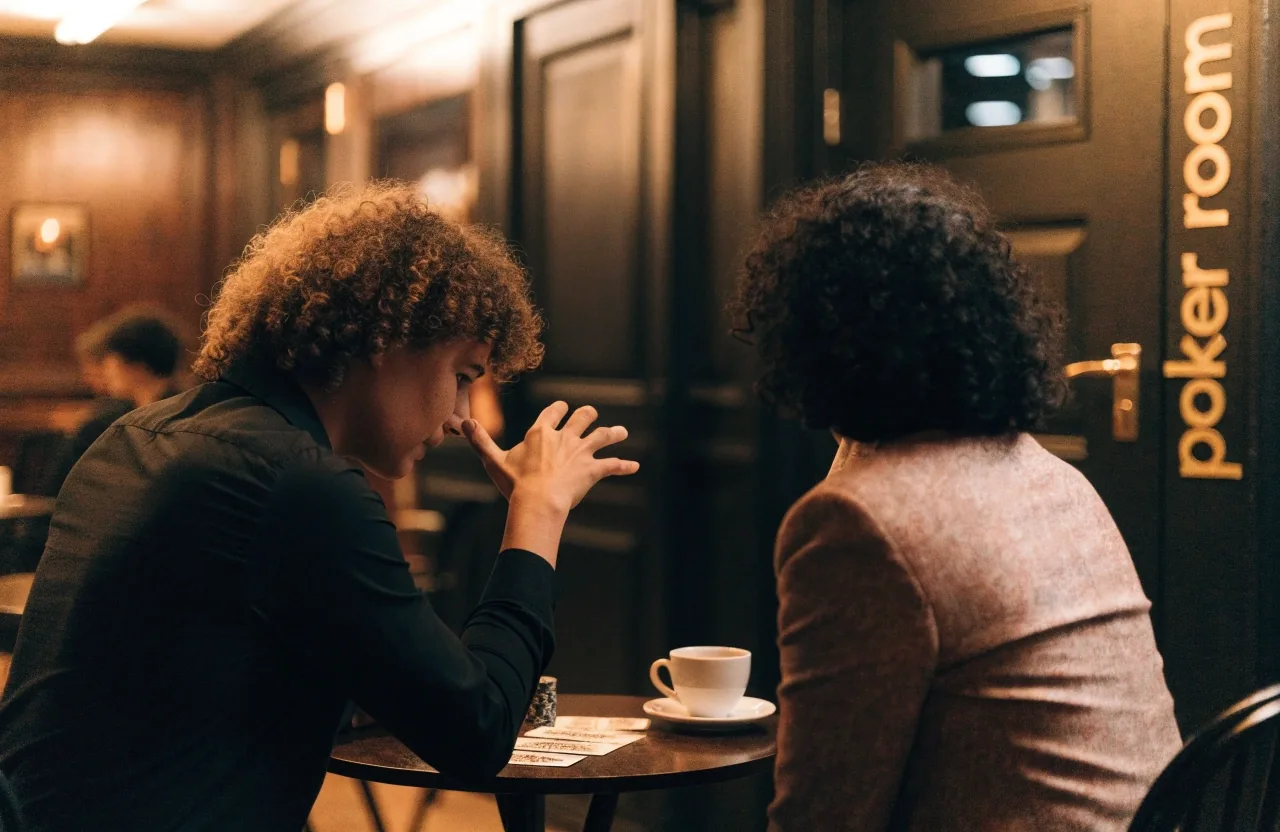 Host explains the first hand to a new guest at a lounge table before the evening starts