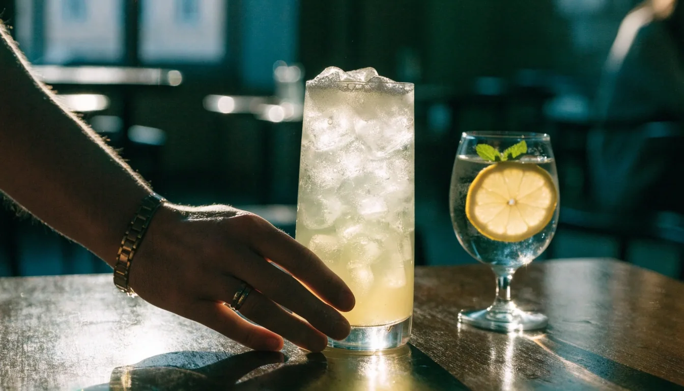 Domácí limonáda, voda s citronem a sklenice na stole v lounge části Polního Pavilonu