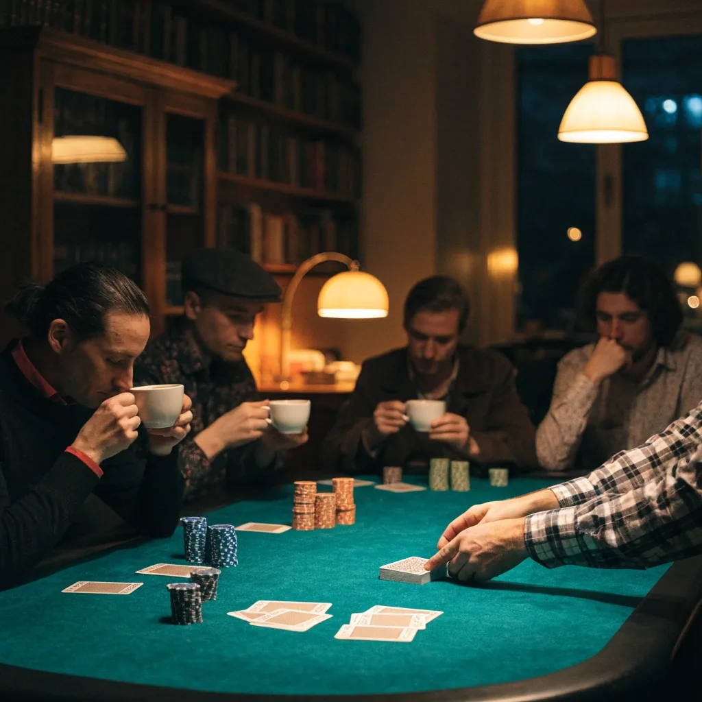 Hráči u pokerového stolu v klubu, mezi sebou rozložené žetony a karty lícem dolů
