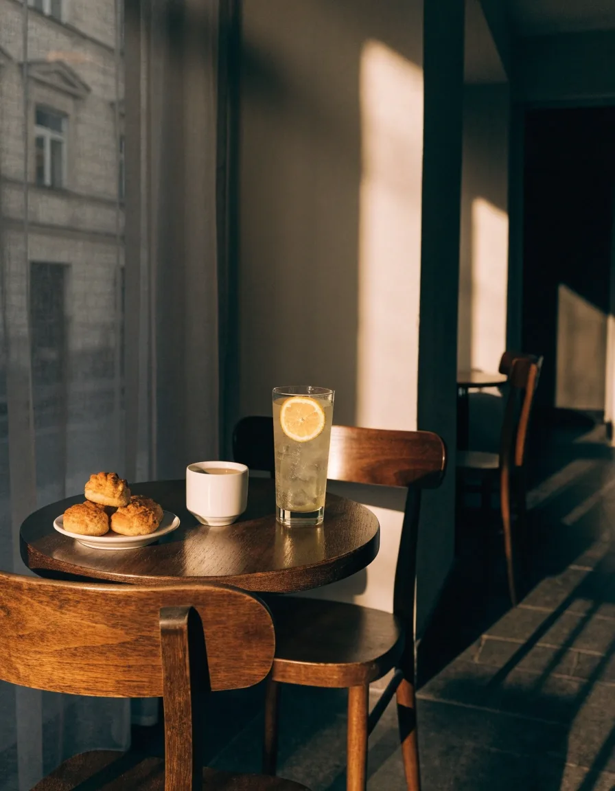 Klidný kout lounge kavárny s kávou, limonádou a zákuskem na malém stole