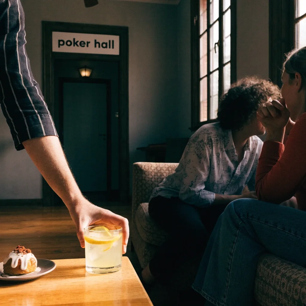 Kavárenský stůl v lounge Polního Pavilonu v podvečeru, káva s párou a prázdná židle