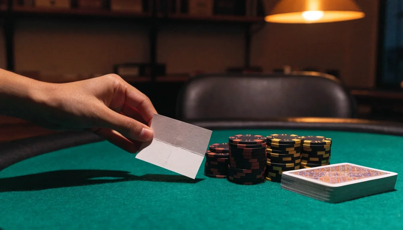 Pokerový stůl v herně Polního Pavilonu večer pod jednou nízkou lampou, žetony a karty v šeru