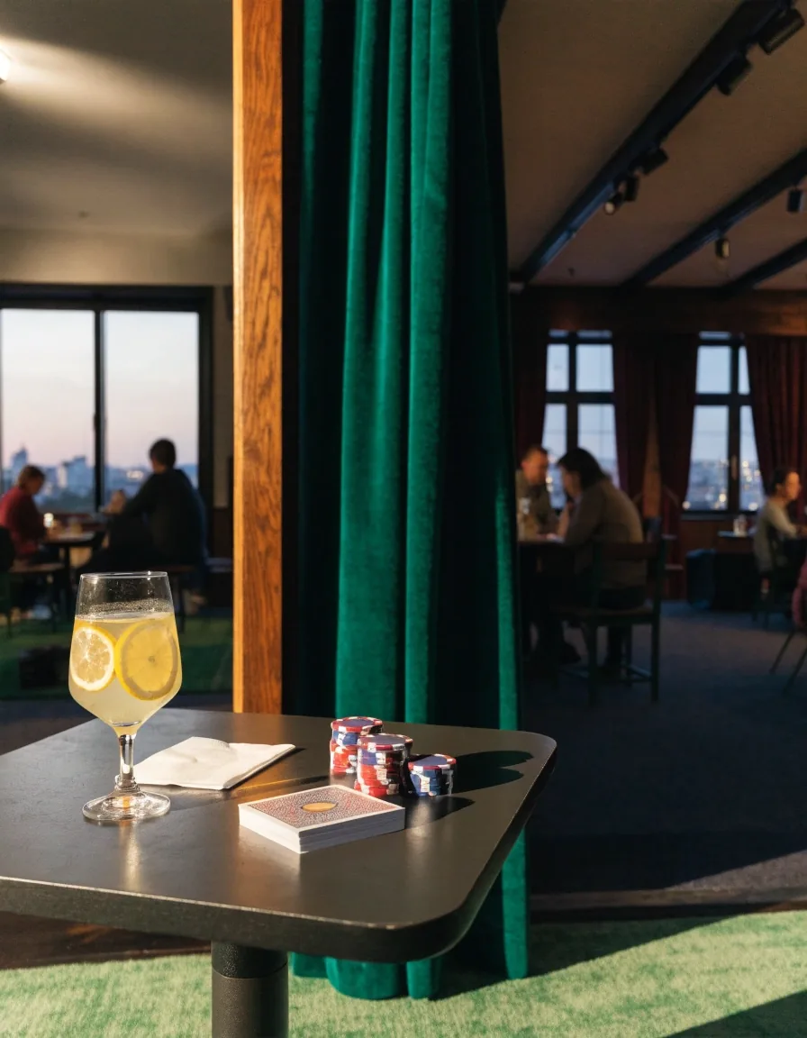 Prázdný stůl v lounge kavárně s šálkem na malém kulatém stole a dlouhými odpoledními stíny