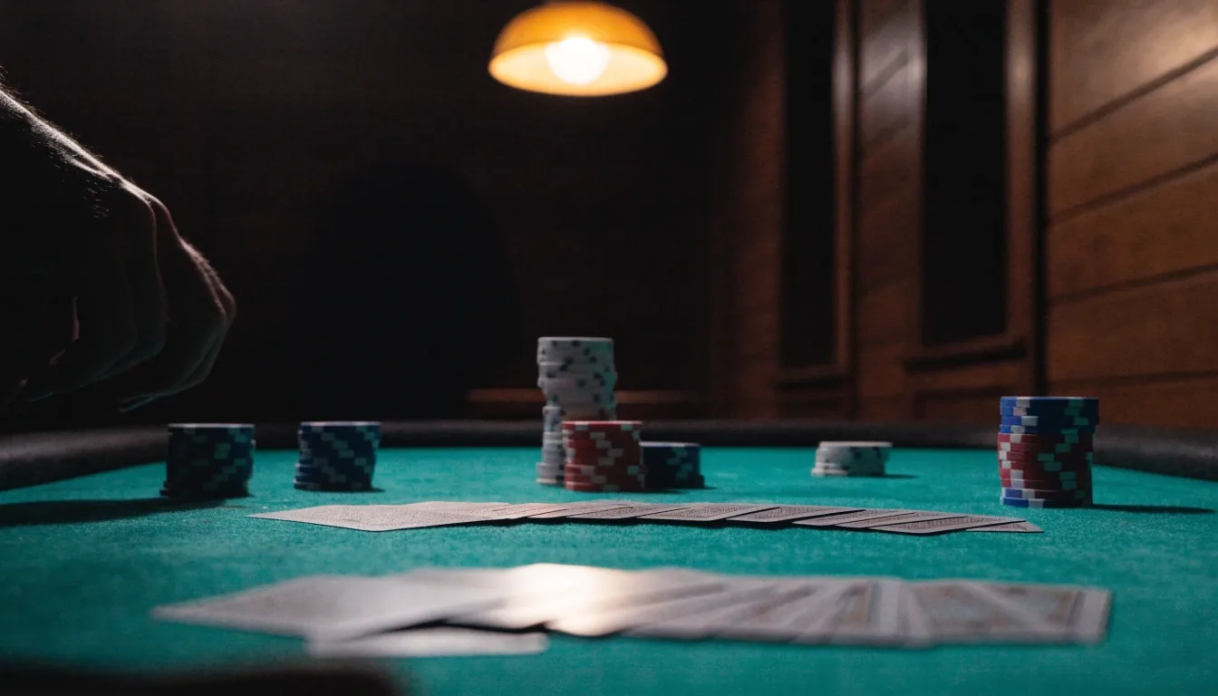 Zelené sukno pokerového stolu s rozdanými kartami a hromádkami žetonů v tlumeném světle herny